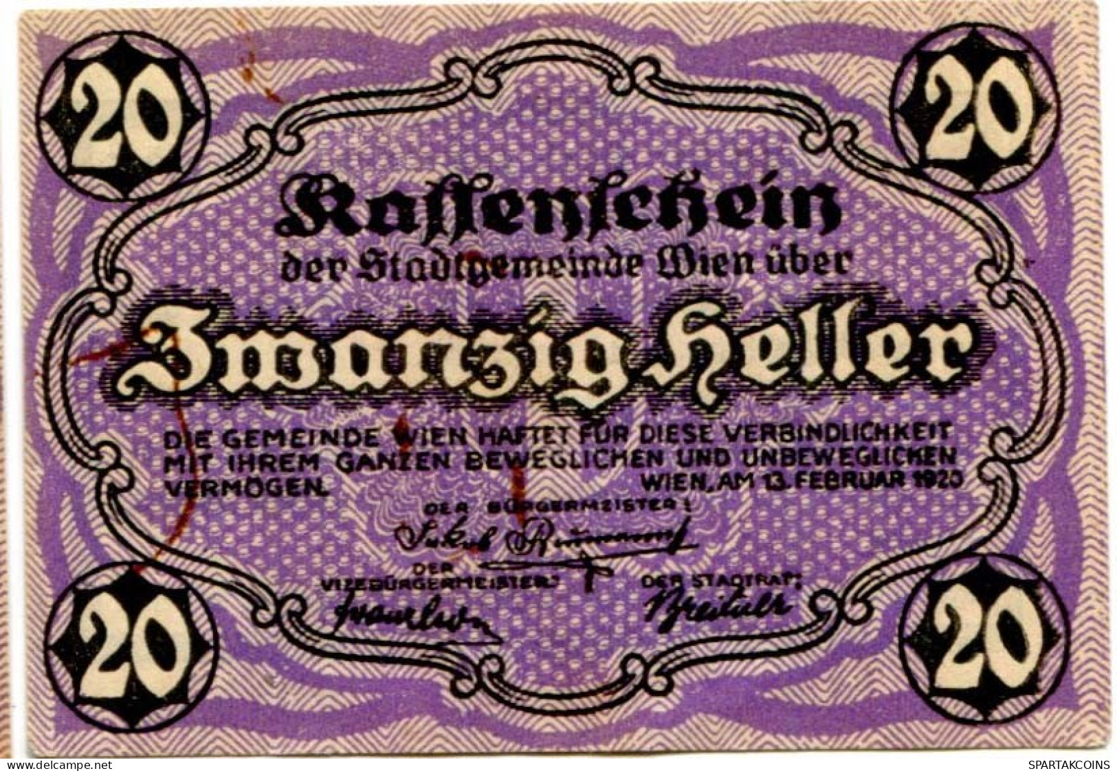20 HELLER 1920 Stadt Wien Österreich Notgeld Papiergeld Banknote #PL571 - [11] Local Banknote Issues