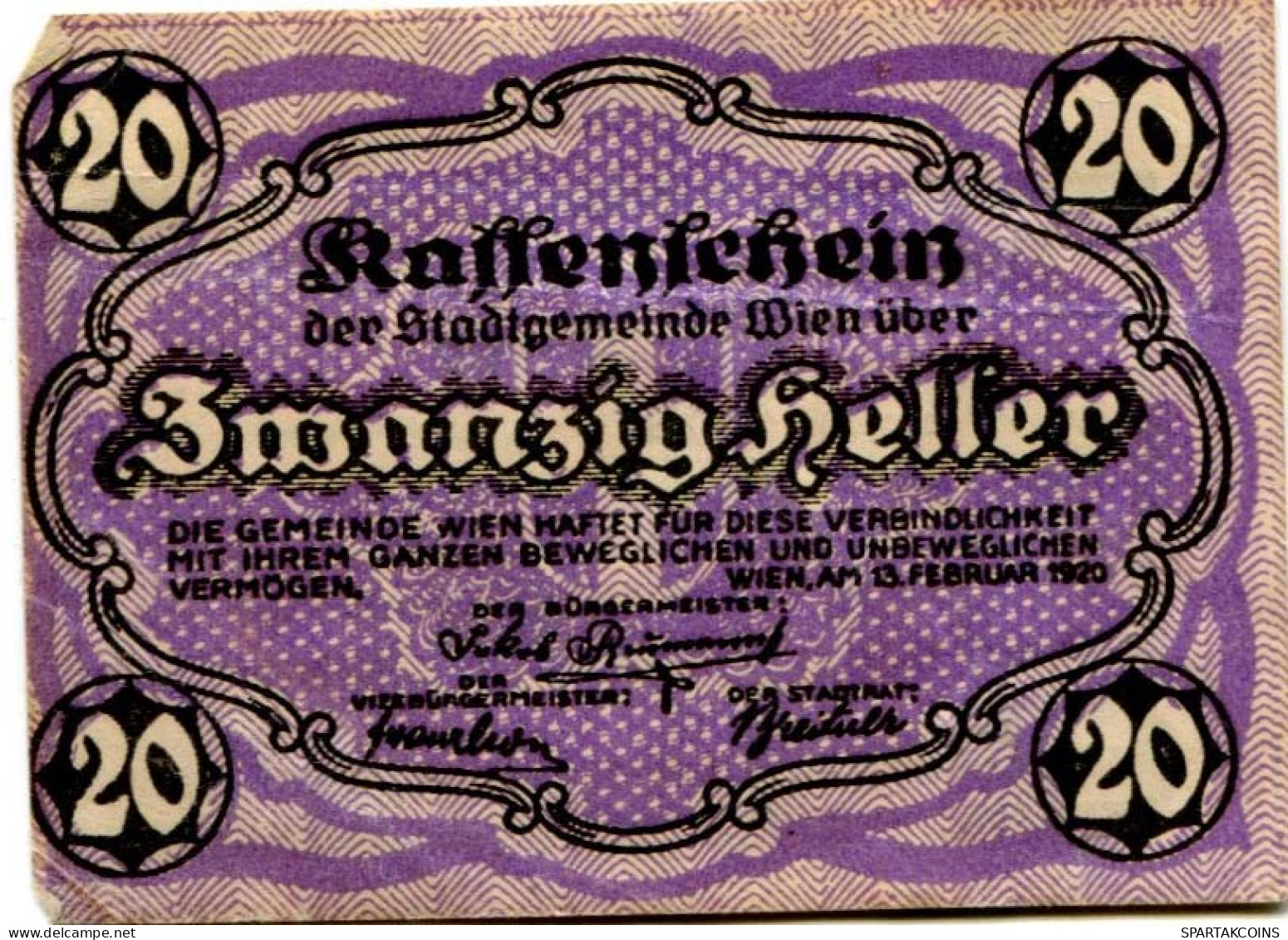 20 HELLER 1920 Stadt Wien Österreich Notgeld Papiergeld Banknote #PL568 - [11] Local Banknote Issues