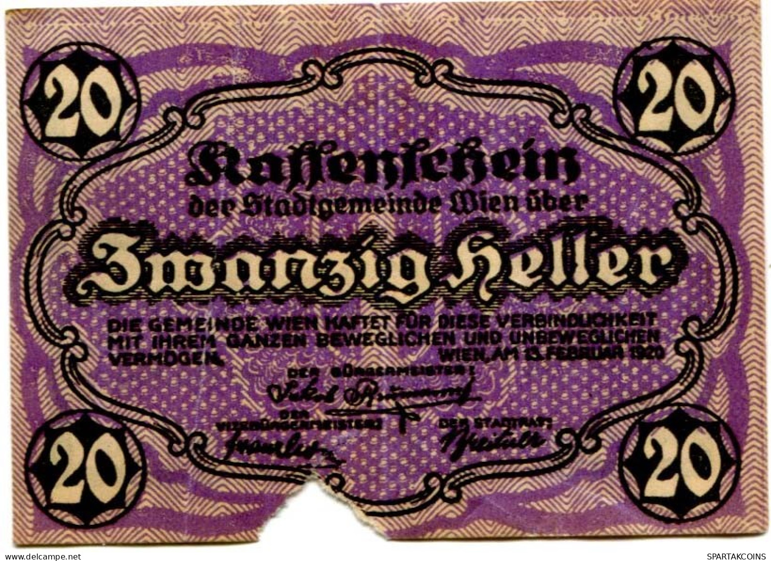 20 HELLER 1920 Stadt Wien Österreich Notgeld Papiergeld Banknote #PL569 - [11] Local Banknote Issues