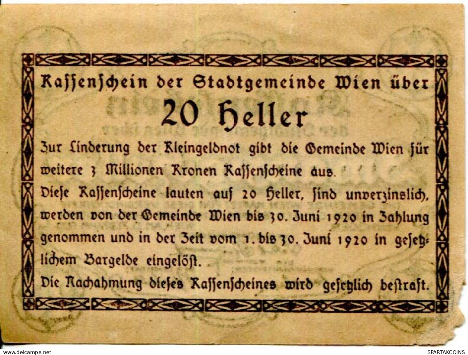 20 HELLER 1920 Stadt Wien Österreich Notgeld Papiergeld Banknote #PL563 - [11] Local Banknote Issues