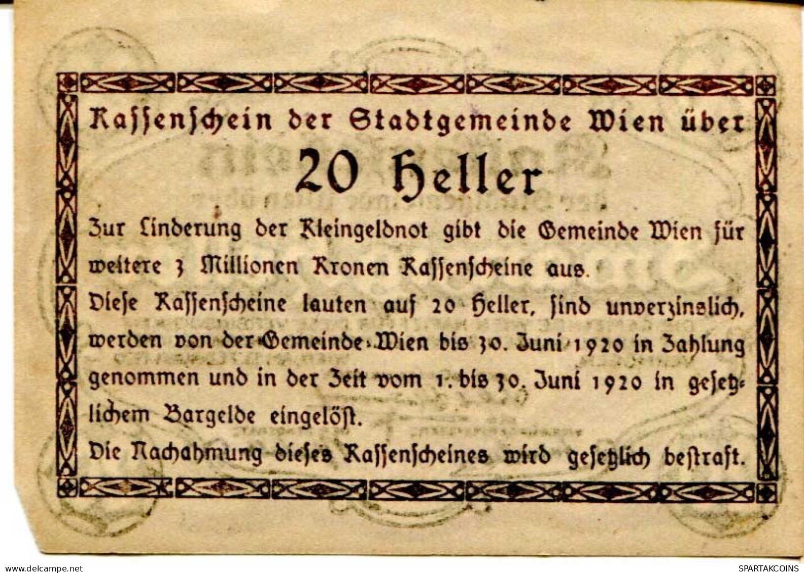 20 HELLER 1920 Stadt Wien Österreich Notgeld Papiergeld Banknote #PL565 - [11] Local Banknote Issues