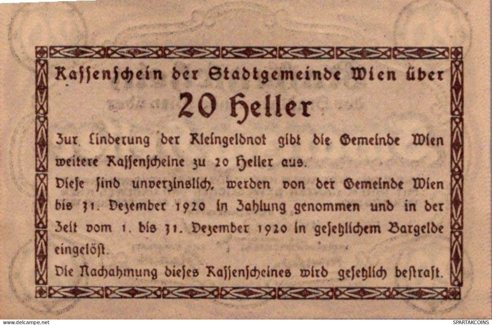 20 HELLER 1920 Stadt Wien Österreich Notgeld Banknote #PE018 - [11] Local Banknote Issues