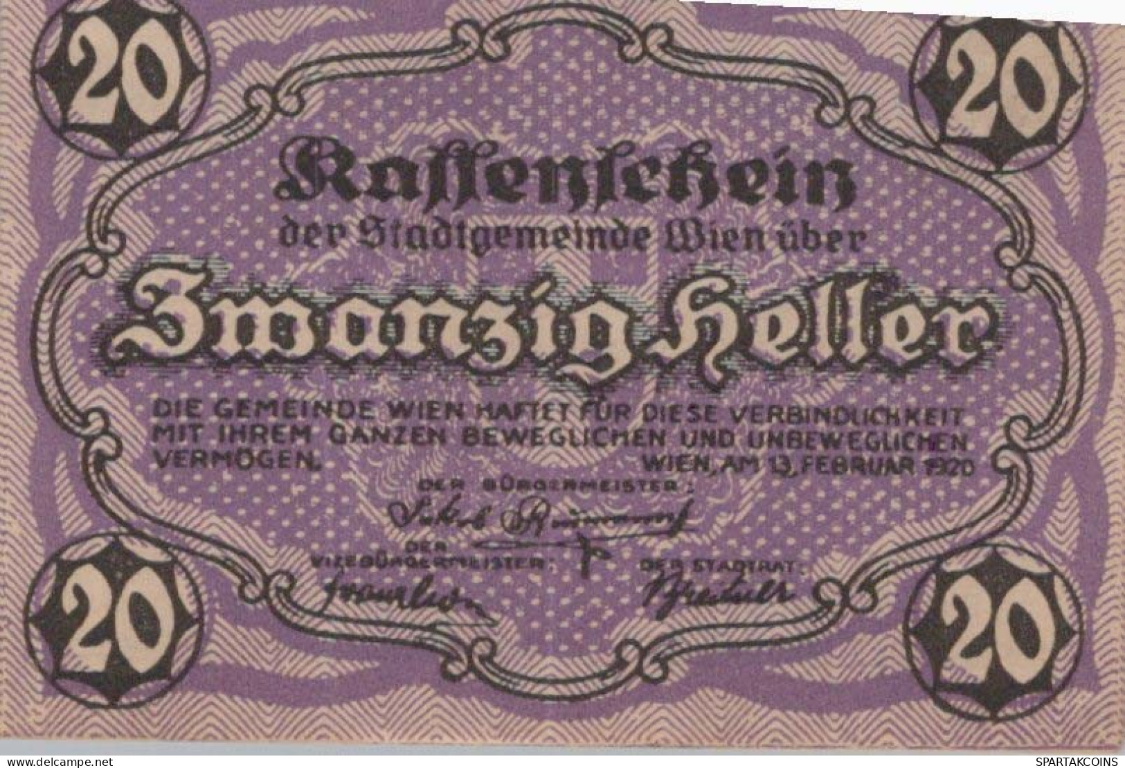 20 HELLER 1920 Stadt Wien Österreich Notgeld Banknote #PE019 - [11] Local Banknote Issues