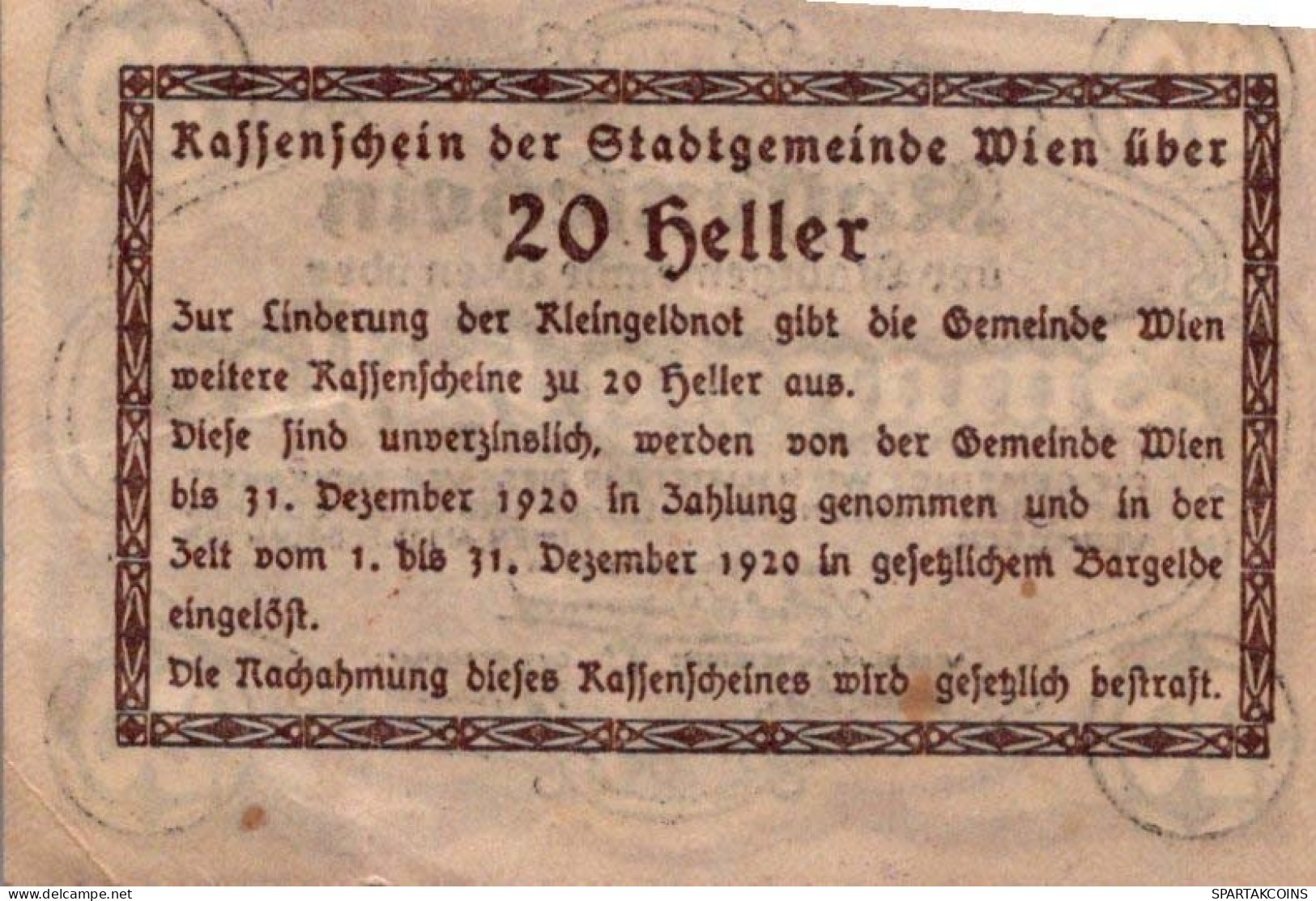 20 HELLER 1920 Stadt Wien Österreich Notgeld Banknote #PE012 - [11] Local Banknote Issues