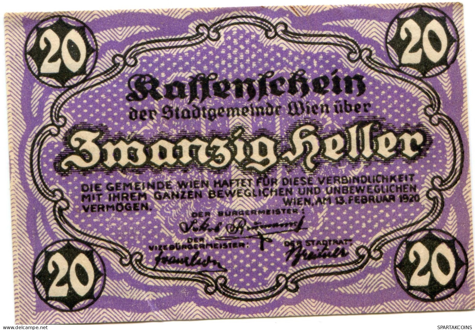 20 HELLER 1920 Stadt Wien Österreich Notgeld Papiergeld Banknote #PL554 - [11] Local Banknote Issues