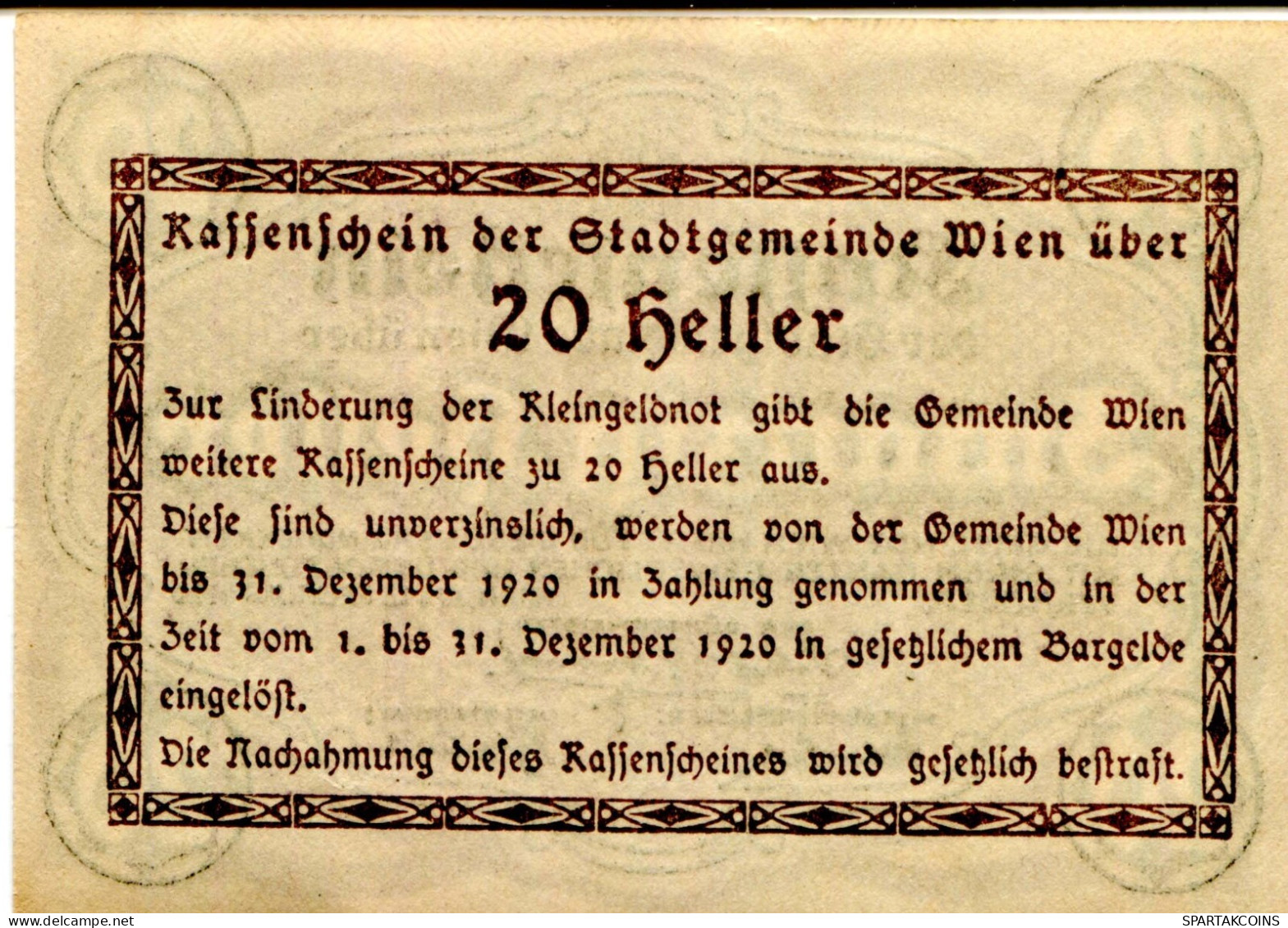 20 HELLER 1920 Stadt Wien Österreich Notgeld Papiergeld Banknote #PL555 - [11] Local Banknote Issues