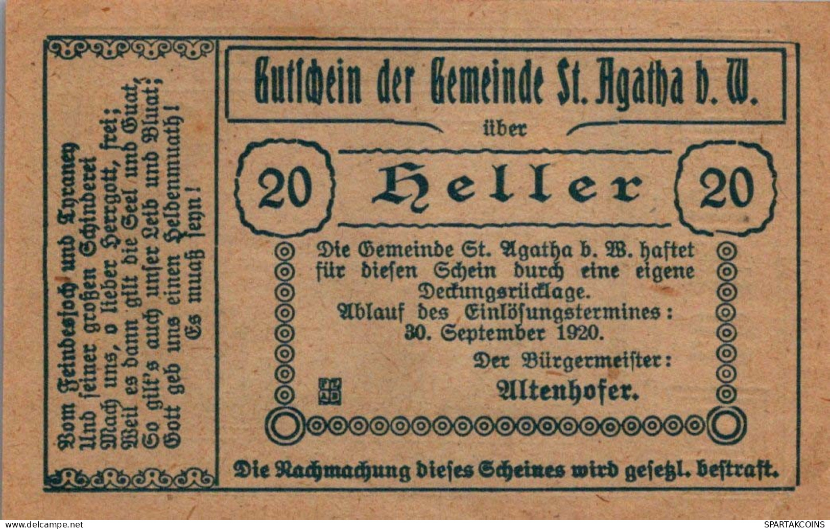 20 HELLER 1920 Stadt SANKT AGATHA Oberösterreich Österreich Notgeld #PE852 - [11] Local Banknote Issues