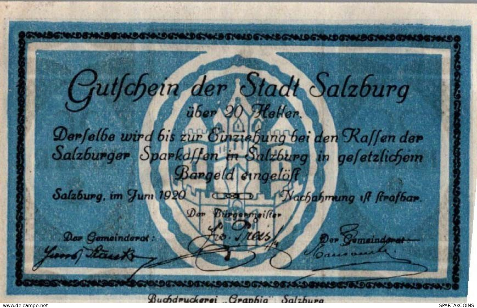 20 HELLER 1920 Stadt SALZBURG Salzburg UNC Österreich Notgeld Banknote #PH455 - [11] Local Banknote Issues