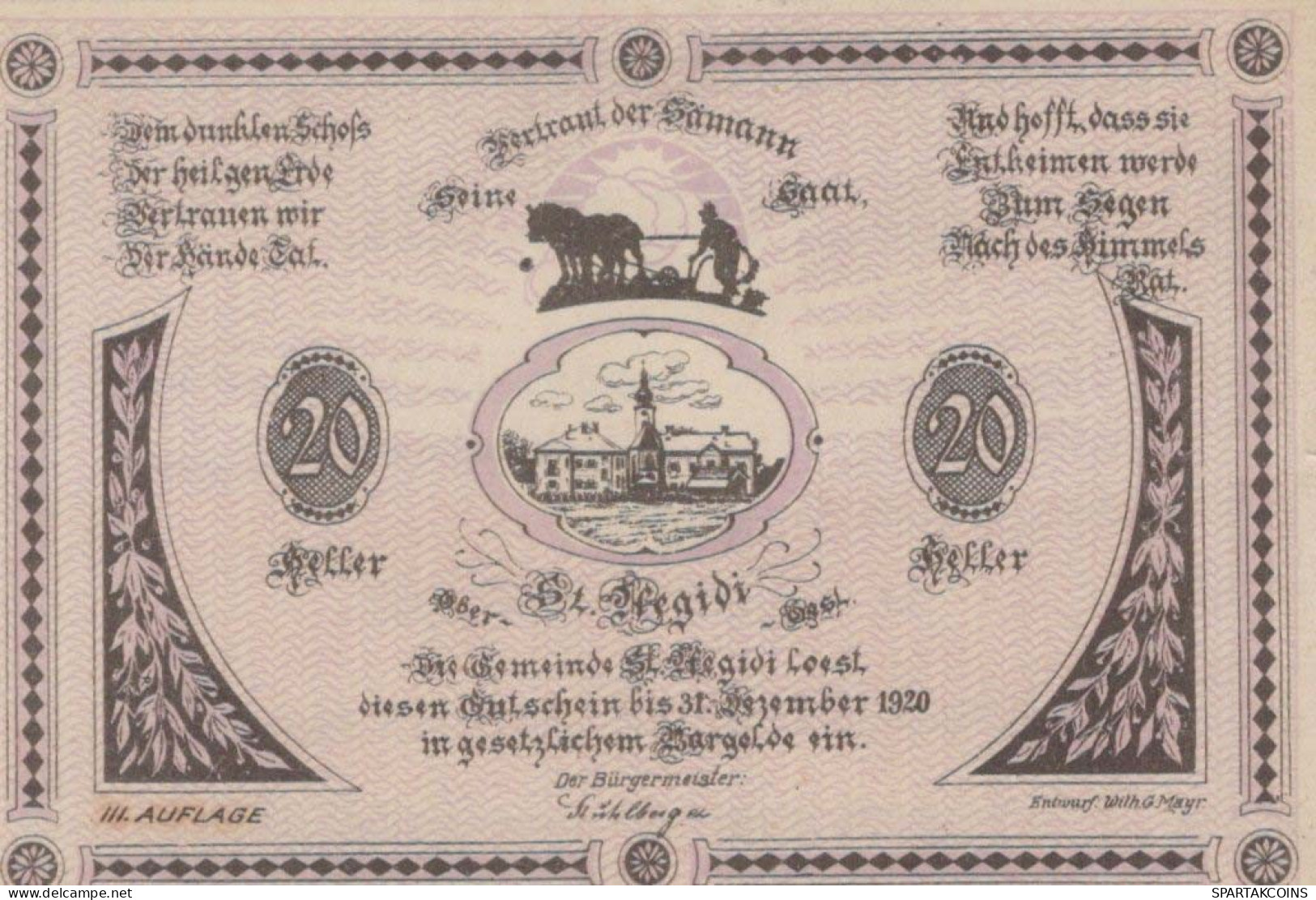 20 HELLER 1920 Stadt SANKT AEGIDI Oberösterreich Österreich Notgeld #PI403 - [11] Local Banknote Issues