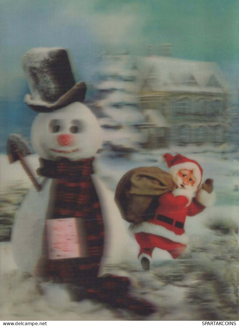 PAPÁ NOEL Feliz Año Navidad MUÑECO DE NIEVE LENTICULAR 3D Vintage Tarjeta Postal CPSM #PAZ054.ES - Santa Claus