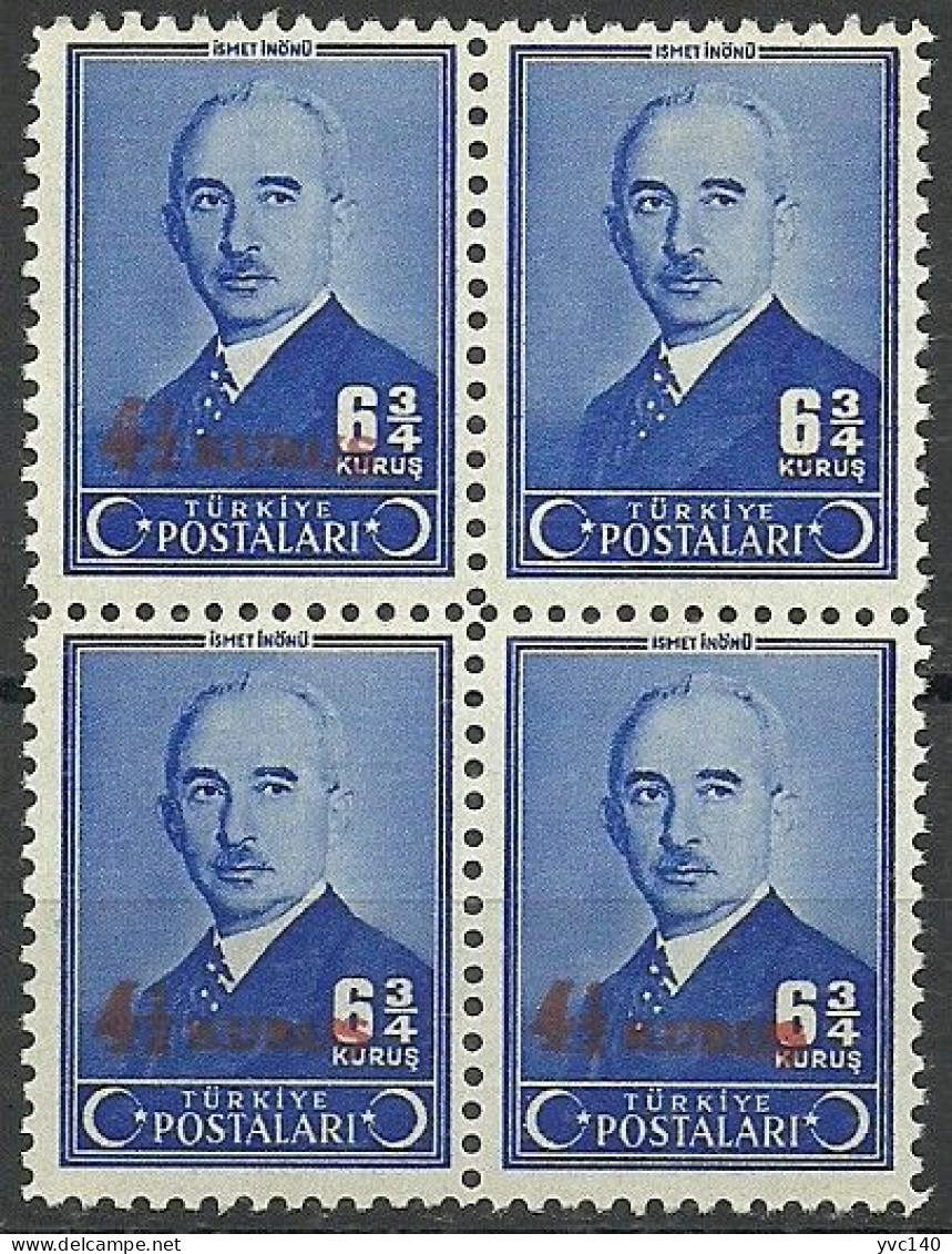 Turkey; 1943 Overprinted Postage Stamp, ERROR "Missing Overprint On Upper Right Stamp" Block Of 4 - Unused Stamps