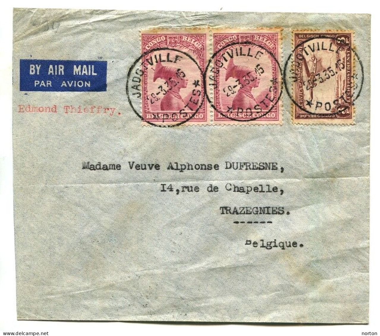 Congo Jadotville Oblit. Keach 7A5 Sur C.O.B. 175 (x2) + PA10 Sur Lettre Vers Trazegnies Via Elisabethville Le 29/03/1935 - Cartas & Documentos