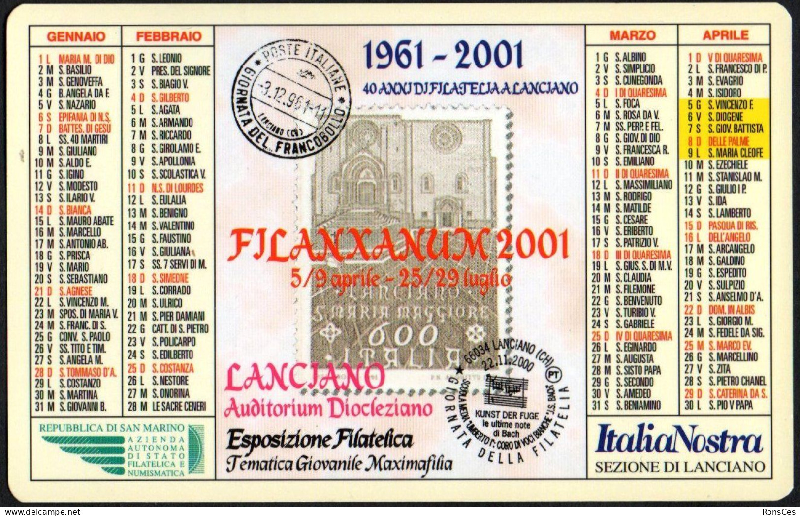 ITALIA 2001 - CALENDARIO TASCABILE - 1961-2001 40 ANNI DI FILATELIA A LANCIANO - FILANXANUM 2001 - I - Formato Piccolo : 2001-...