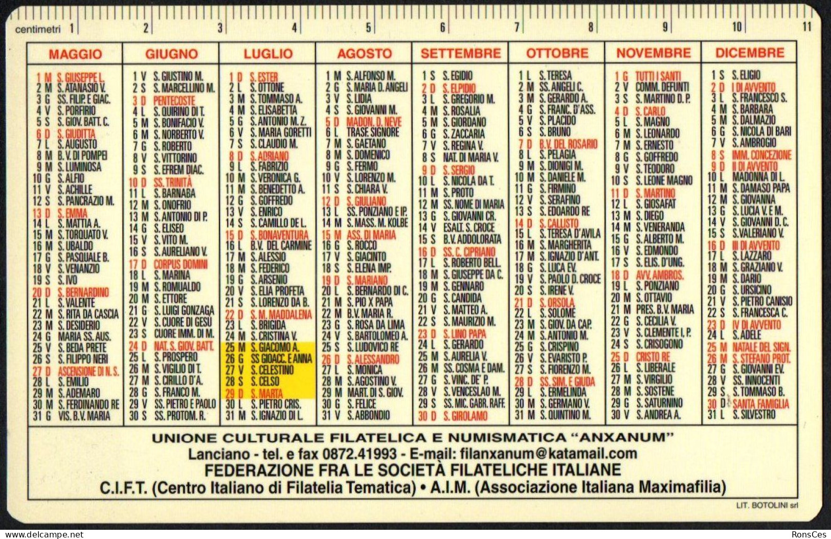 ITALIA 2001 - CALENDARIO TASCABILE - 1961-2001 40 ANNI DI FILATELIA A LANCIANO - FILANXANUM 2001 - I - Small : 2001-...