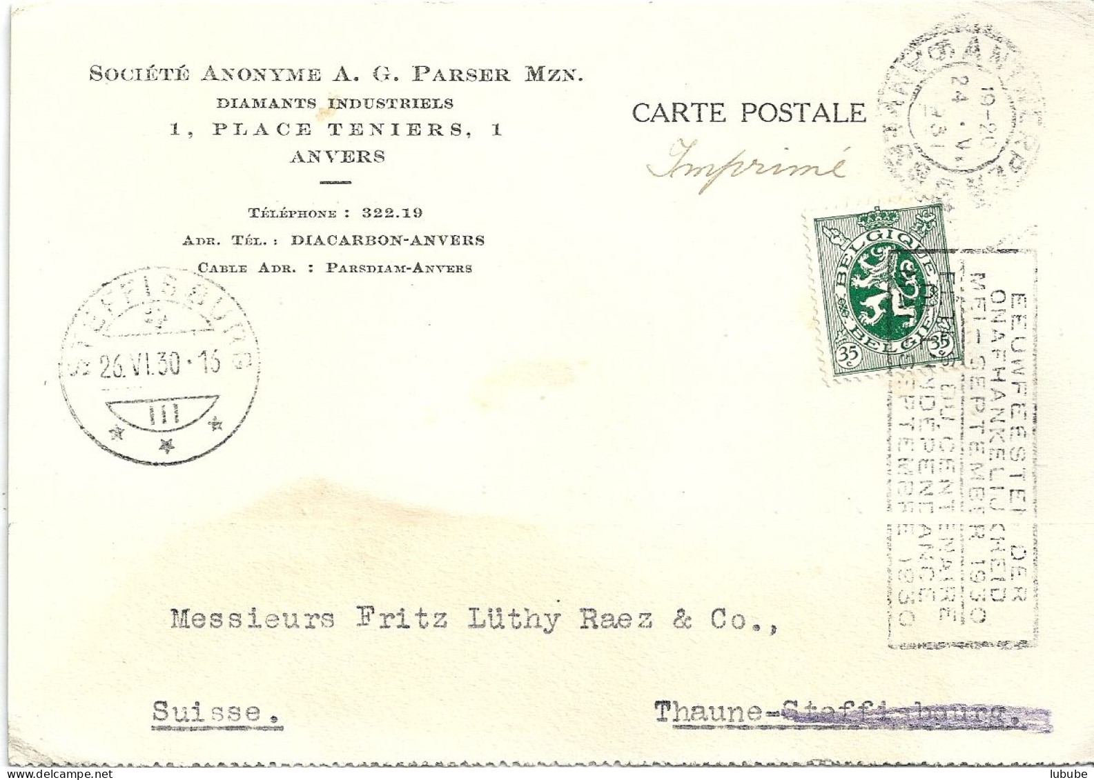 Motiv Karte  "SA Parser, Diamants, Anvers" - Steffisburg - Thun       1930 - Brieven En Documenten