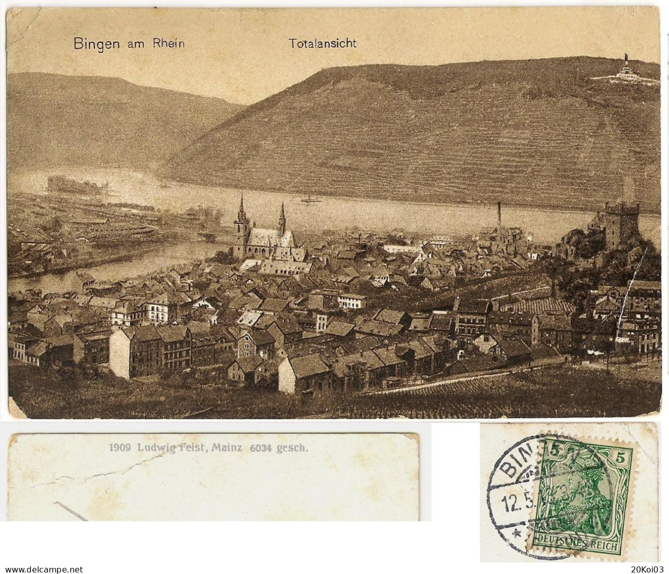 Deutschland_Bingen Am Rhein_Totalansicht 1913 Auf 5 Pfg Deutsches Reich_1909 Ludwig Feist, Mainz 6034 Gesch_CPA Allemage - Bingen