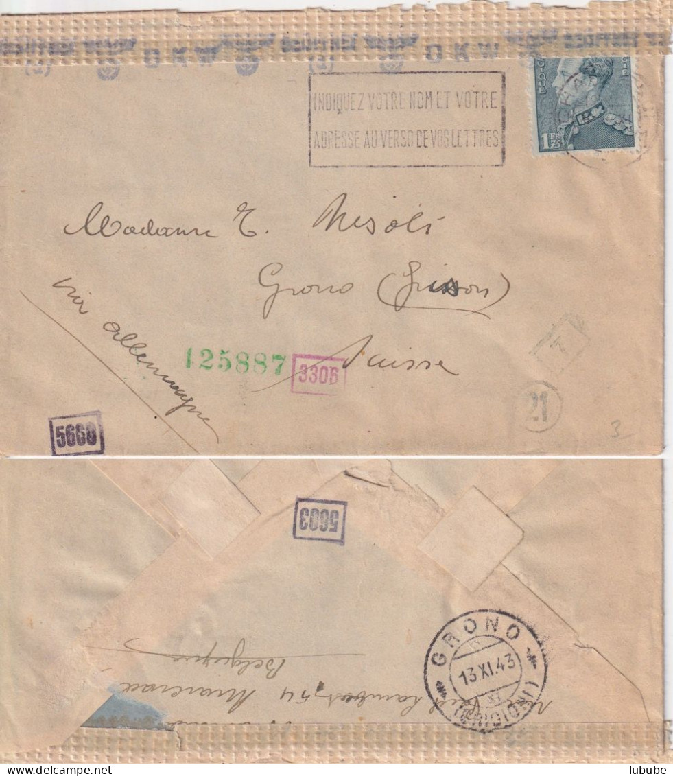 Zensur Brief  Charleroi - Grono        1943 - Lettres & Documents