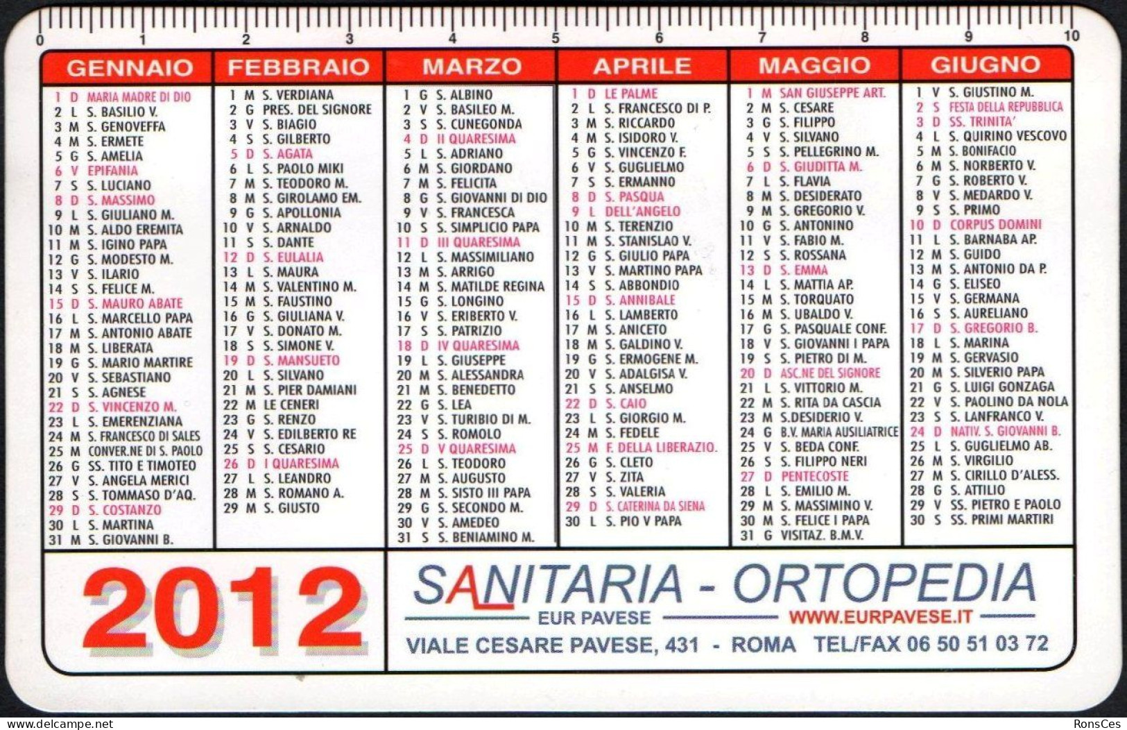 ITALIA 2012 - CALENDARIO TASCABILE - SANITARIA - ORTOPEDIA EUR PAVESE - I - Formato Piccolo : 2001-...
