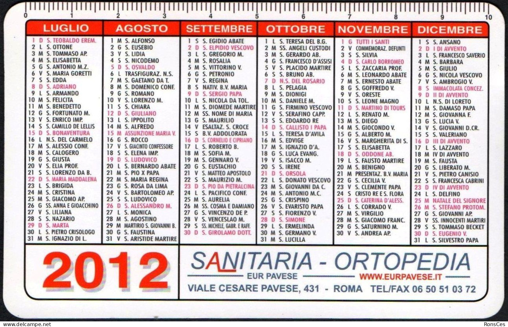 ITALIA 2012 - CALENDARIO TASCABILE - SANITARIA - ORTOPEDIA EUR PAVESE - I - Petit Format : 2001-...