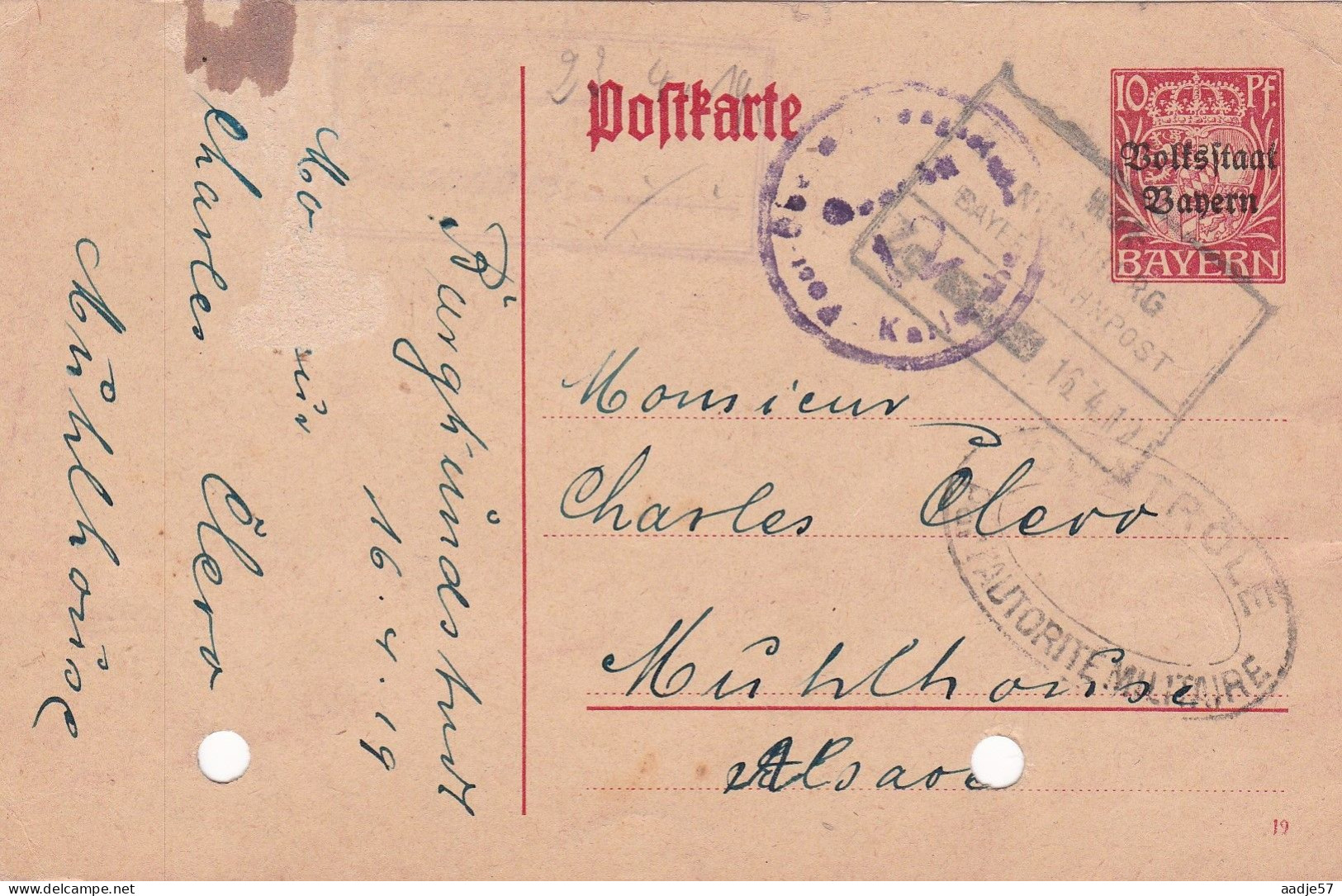 Nürnberg Bayern Bahnpost 16-01-1919 1e Worldwar Controle Stempel Militaire Autoriteiten - Trains