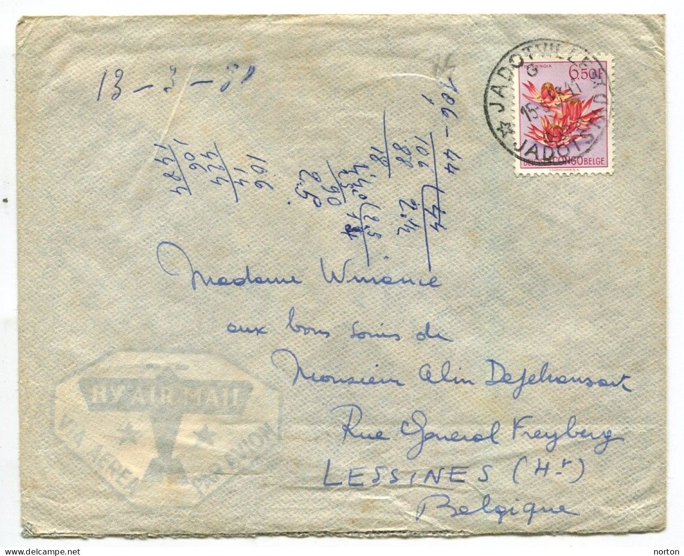 Congo Jadotville Oblit. Keach 12B(G)1 Sur C.O.B. 317 Sur Lettre Vers Lessines Le 15/03/1958 - Brieven En Documenten
