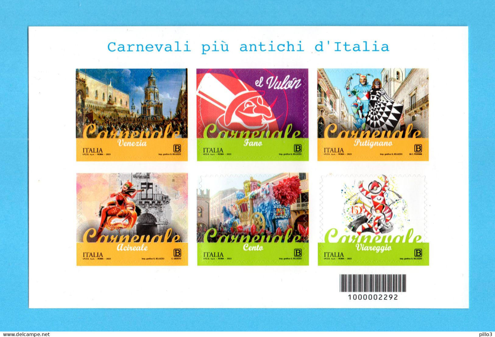 ITALIA  : Carnevali Più Antichi D'Italia  - Foglietto Di 6 Val.+ C/Barre 2292 MNH** 16.02.2023 - Blocks & Sheetlets