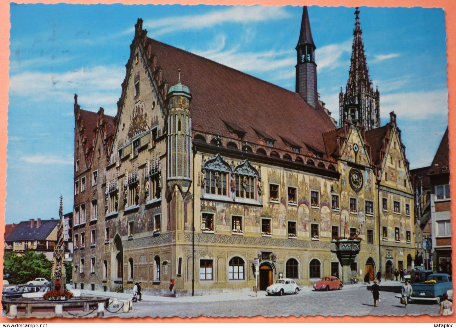 CARTE ALLEMANDE ULM DONAU RATHAUS - AUTOMOBILES 2 COCCINELLES VOLKSWAGEN - 1963 - SCAN RECTO/VERSO - Ulm