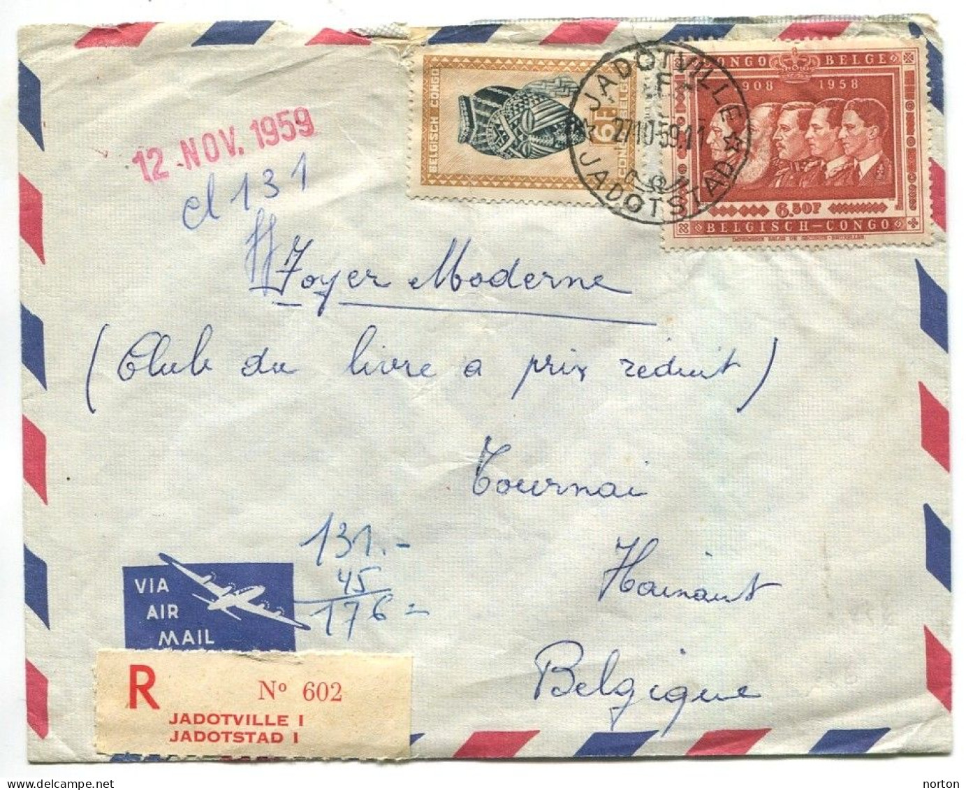 Congo Jadotville Oblit. Keach 12B(F)1 Sur C.O.B. 291 + 348 Sur Lettre Recommandée Vers Tournai Le 27/10/1959 - Covers & Documents