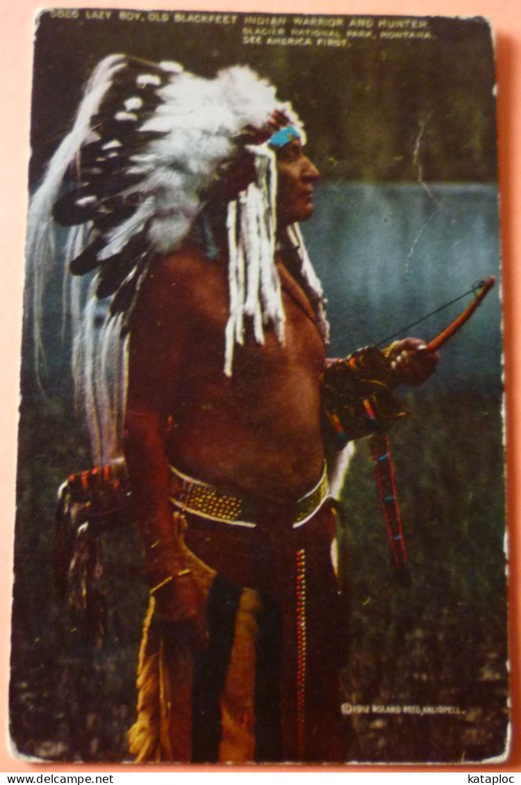 CARTE - INDIEN - INDIAN -  LAZY BOY OLD BLACKFEET - INDIAN WARRIOR & HUNTER - SCAN RECTO/VERSO - Native Americans