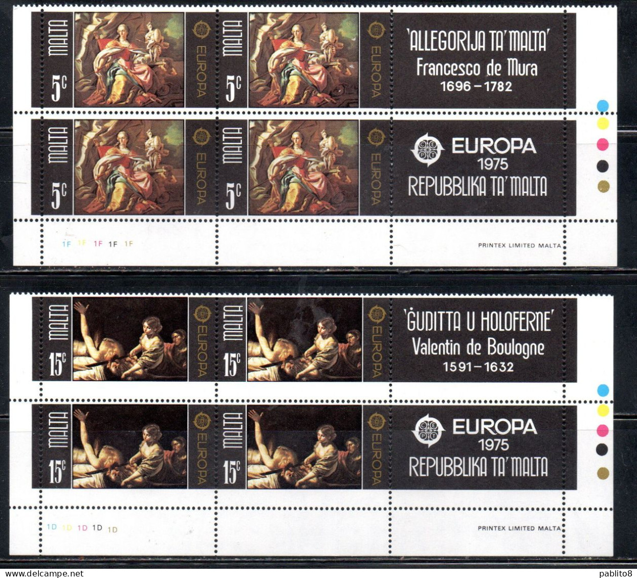 MALTA 1975 EUROPA CEPT PAINTING DIPINTI COMPLETE SET SERIE COMPLETA BLOCK QUARTINA MNH - Malta