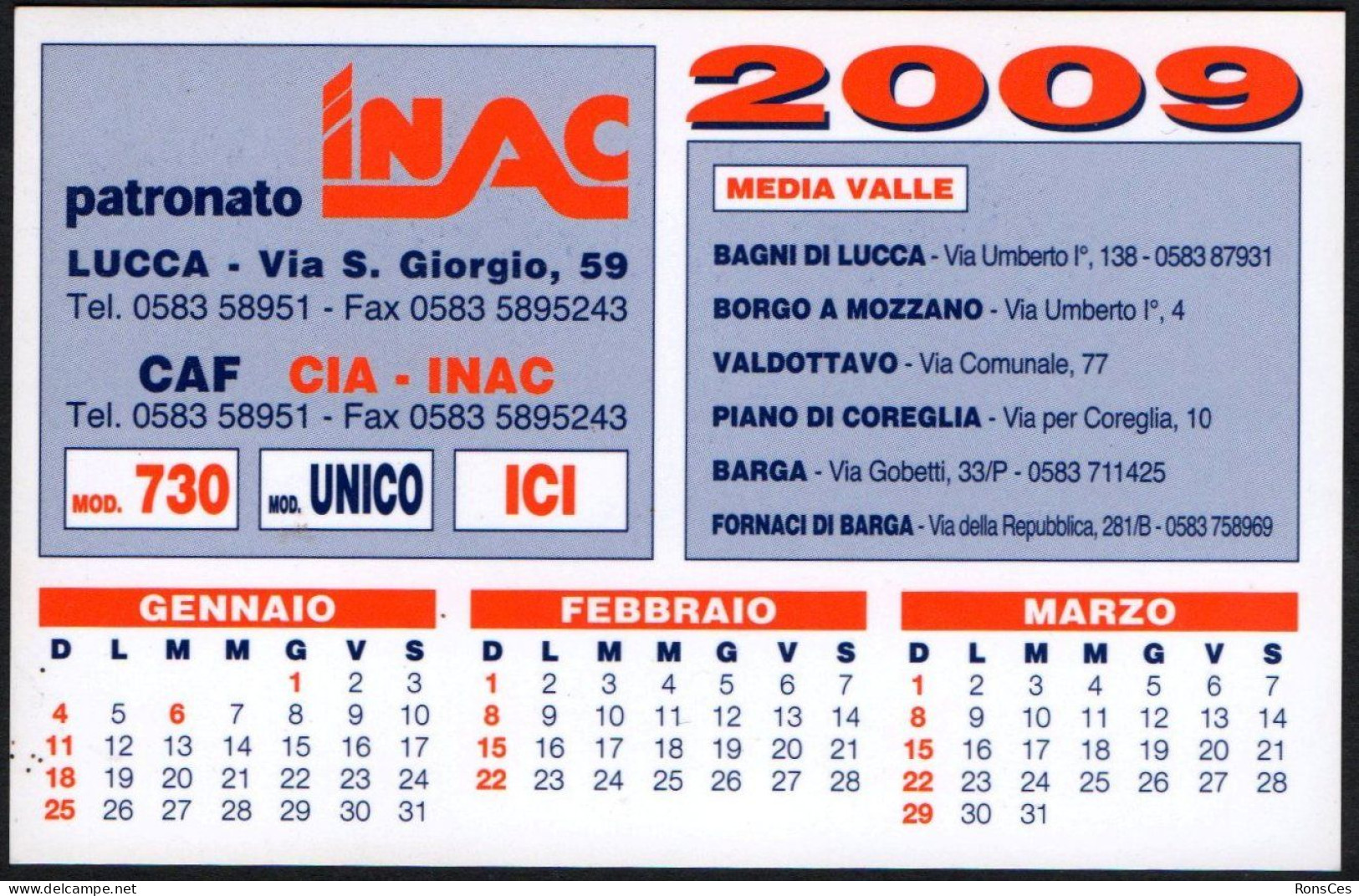 ITALIA 2009 - CALENDARIO TASCABILE - PATRONATO INAC - I - Tamaño Pequeño : 2001-...