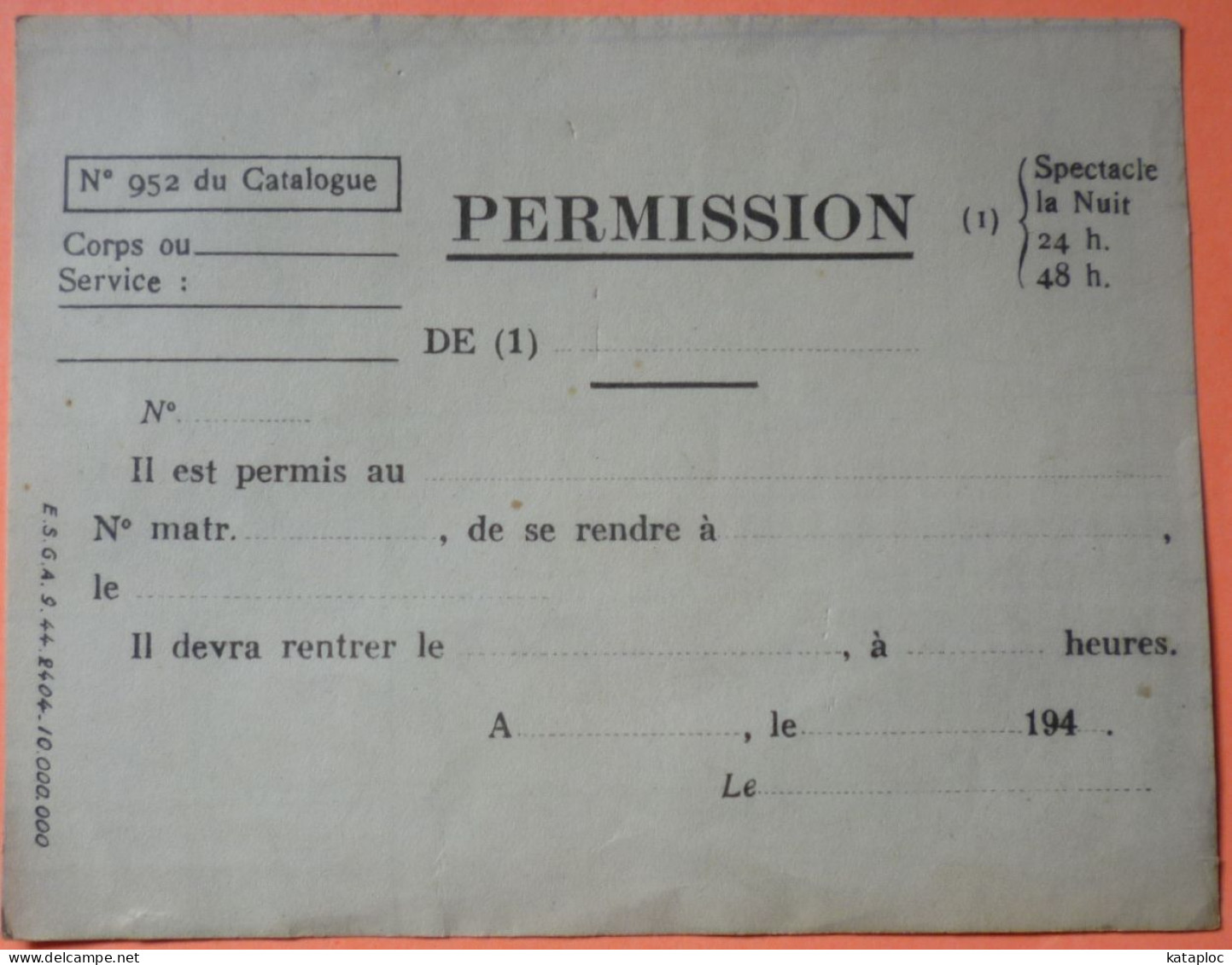 MILITARIA PERMISSION VIERGE - ANNEES 1940 - ARMEE FRANCAISE EN TUNISIE - VERSO PARTIE CARTE TUNISIE -2 SCANS - Documents