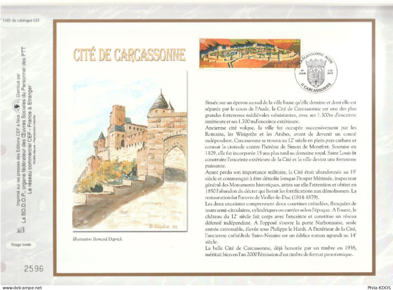 " LA CITE DE CARCASSONNE " Sur Feuillet CEF De 2000. N° 1485. N° YT 3302 Parfait état FDC à Saisir !!! - Castillos