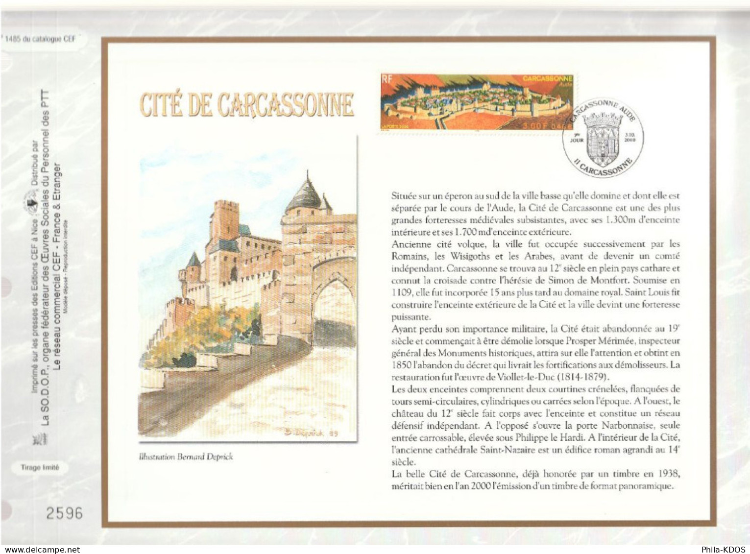 " LA CITE DE CARCASSONNE " Sur Feuillet CEF De 2000. N° 1485. N° YT 3302 Parfait état FDC à Saisir !!! - Castles