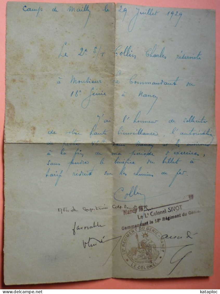 MILITARIA 18 ème GENIE NANCY - LETTRE MANUSCRITE 1929 - CAMP DE MAILLY - CACHET ET SIGNATURE -2 SCANS - Dokumente