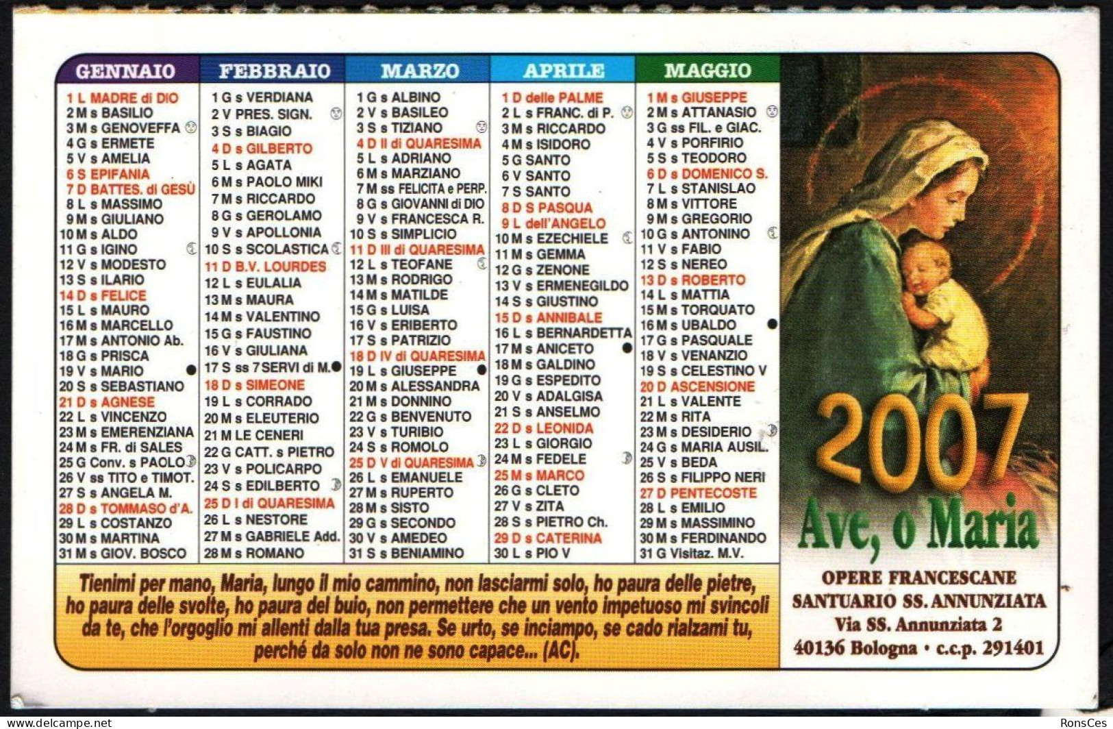 ITALIA 2007 - CALENDARIO TASCABILE - OPERE FRANCESCANE SANTUARIO SS. ANNUNZIATA - AVE, O MARIA - I - Klein Formaat: 2001-...