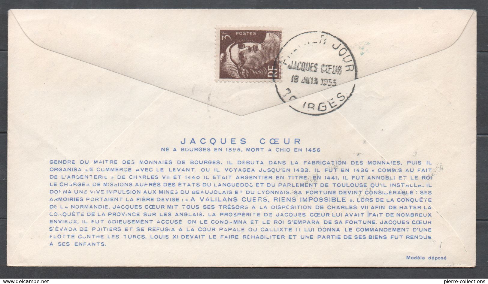 France N° 1034 Oblitéré Sur Enveloppe 1e Jour - Jacques Coeur (1395-1456) Né à Bourges - Argentier Du Roi Charles VII - 1950-1959