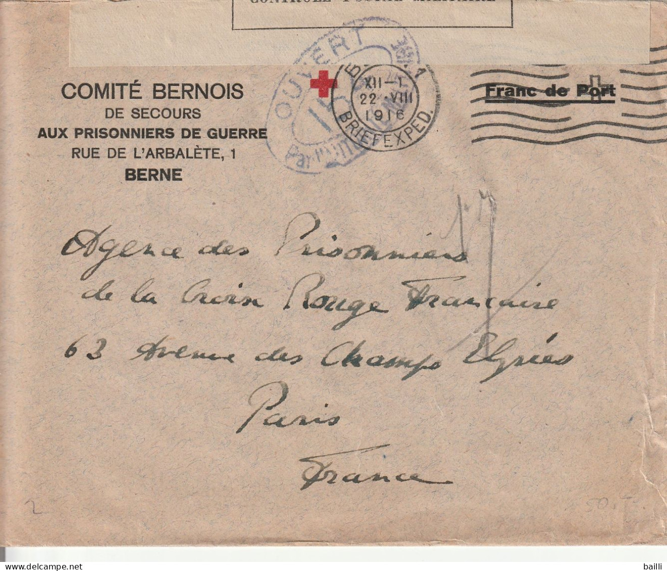 Suisse Lettre En Franchise Censurée Bern Pour Paris 1916 - Postmark Collection