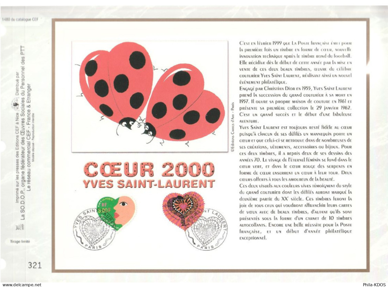 " SAINT VALENTIN / COEURS D'YVES SAINT LAURENT " Sur Feuillet CEF De 2000. N° YT 3297 98 Parf état FDC à Saisir !!! - 2000-2009