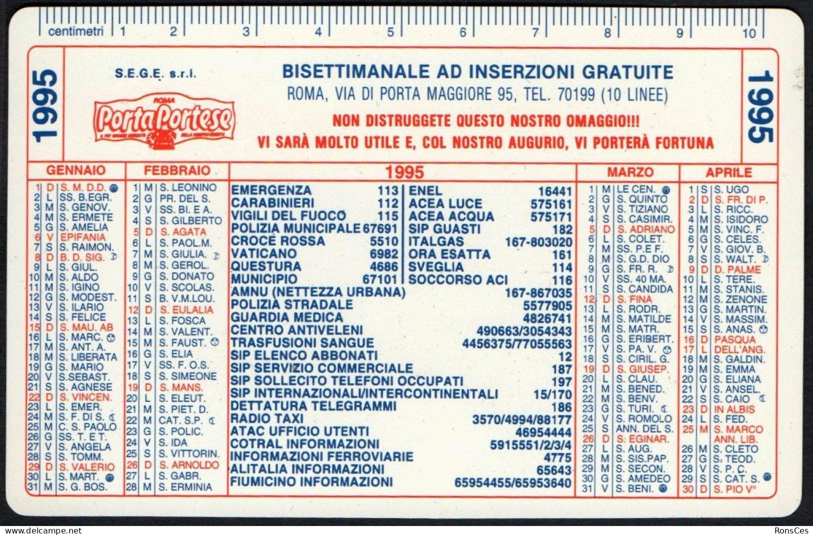 ITALIA 1995 - CALENDARIO TASCABILE - PORTAPORTESE - BISETTIMANALE AD INSERZIONI GRATUITE - I - Small : 1991-00