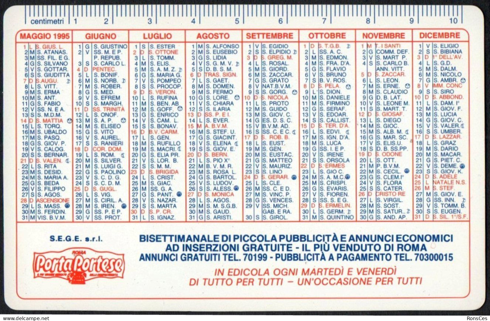 ITALIA 1995 - CALENDARIO TASCABILE - PORTAPORTESE - BISETTIMANALE AD INSERZIONI GRATUITE - I - Petit Format : 1991-00