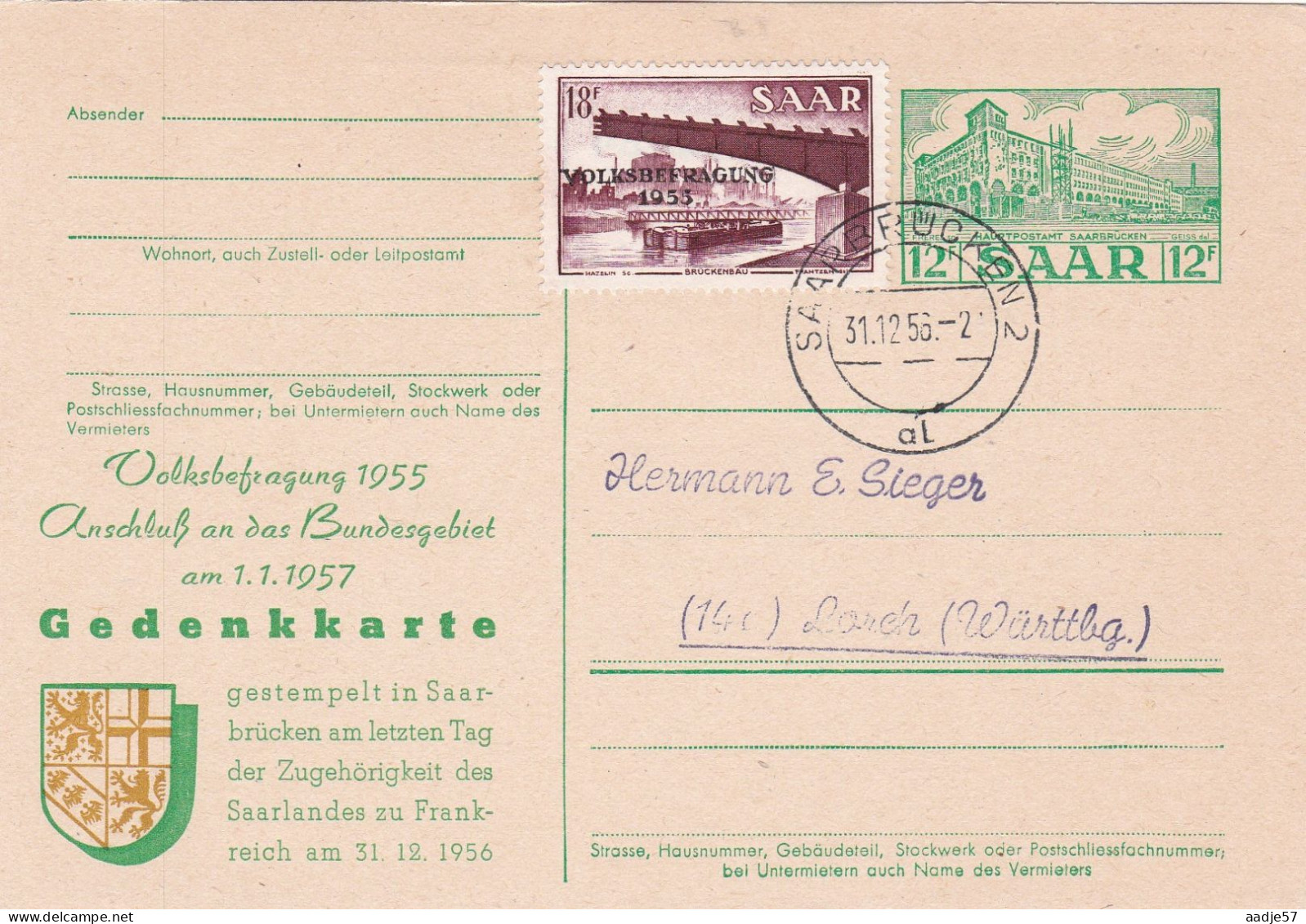 "SAARLAND" 1953, Postkarte Mi. P 41 Gedenkkarte Anschluss An Das Bundesgebiet 31-12-1956 Trainrelated Mi 326 - Ganzsachen