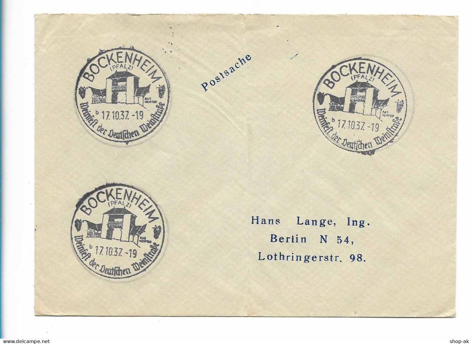 C5191/ Brief Postsache Stempel: Bockenheim Weinfest D. Deutschen Weinstraße 1937 - 1939-45
