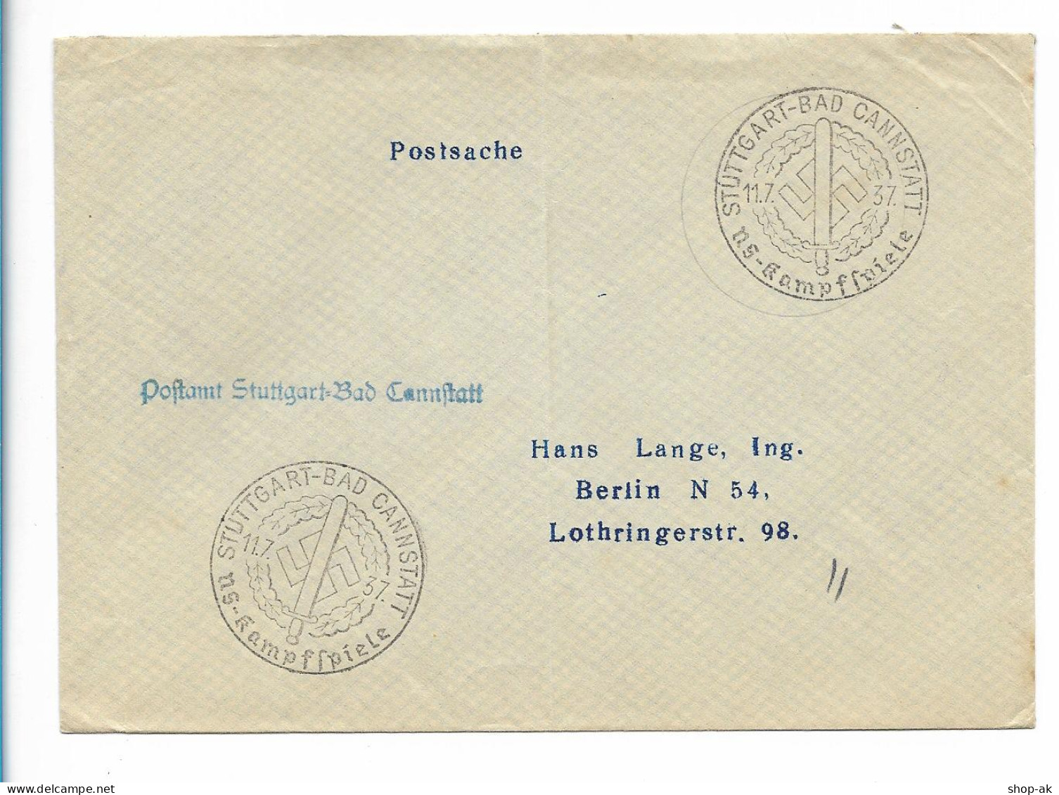 C5181/ Brief Postsache Stempel: Stuttgart Bad Cannstatt NS-Kampfspiele 1937 - 1939-45