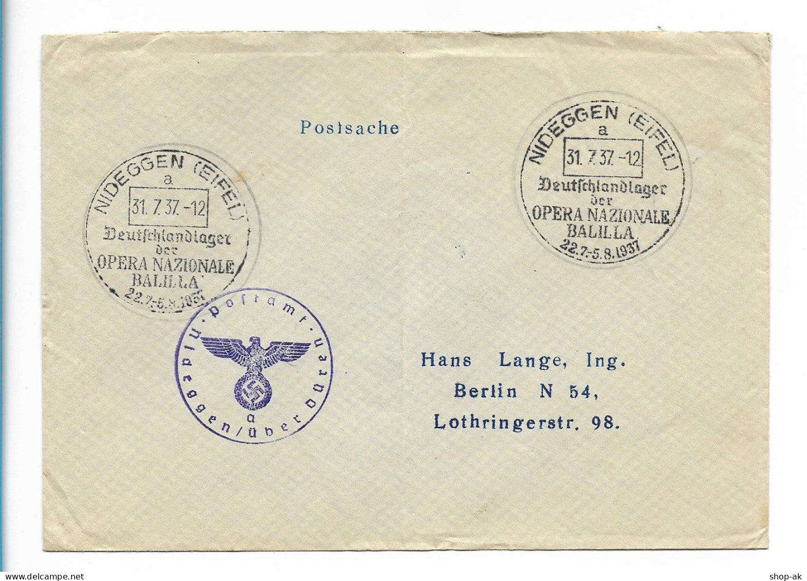 C5183/ Brief Postsache Stempel: Nideggen Deutschlandlager Opera Nazion. Ballila - 1939-45