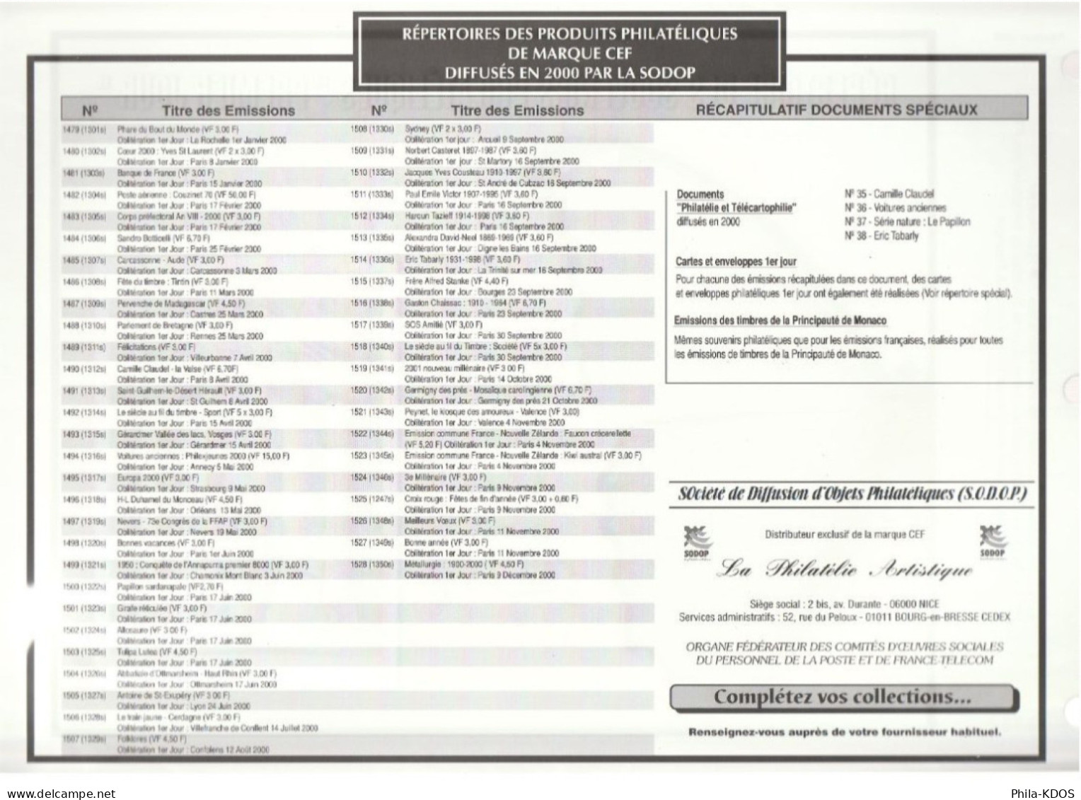 " REPERTOIRE DES FEUILLETS CEF DE 2000 / PEYNET / PAPILLON ". Parfait état FDC à Saisir !!! - 2000-2009