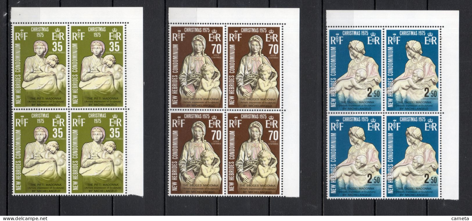 Nlles HEBRIDES  N° 421 à 423  BLOCS DE QUATRE TIMBRES  NEUFS SANS CHARNIERE  COTE  20.00€    NOEL SCULPTURE - Unused Stamps