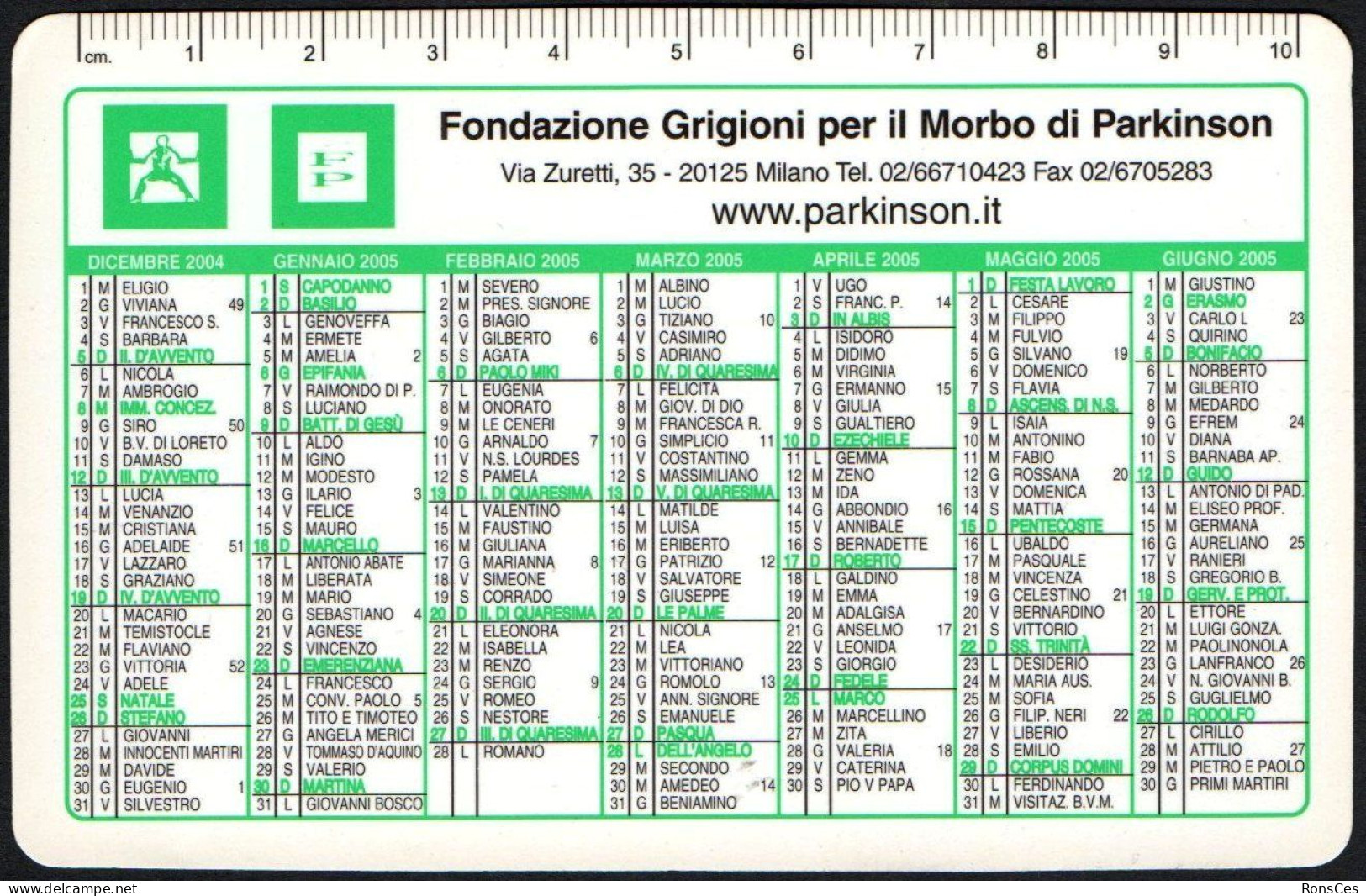 ITALIA 2005 - CALENDARIO TASCABILE - FONDAZIONE GRIGIONI PER IL MORBO DI PARKINSON - I - Formato Piccolo : 2001-...