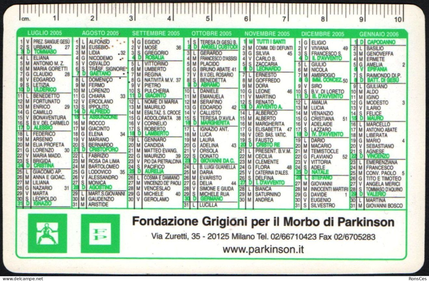 ITALIA 2005 - CALENDARIO TASCABILE - FONDAZIONE GRIGIONI PER IL MORBO DI PARKINSON - I - Formato Piccolo : 2001-...