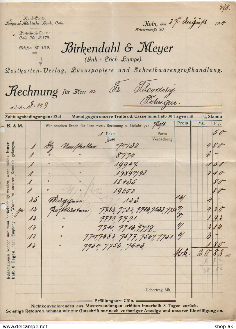 C2658/ Rechnung Postkarten-Verlag Birkendahl & Meyer, Köln 1913 - Andere & Zonder Classificatie